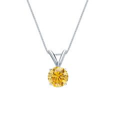 This radiant solitaire pendant features a 0.50 ct. total weight round-cut yellow diamond in 18k white gold 4-prong basket setting. The pendant comes with a matching 18-inch box chain that secures with a spring-ring clasp. Yellow Diamond Necklace, Black Diamond Pendant, Black Diamond Necklace, Black Diamond Studs, Yellow Diamond Engagement Ring, Diamond Solitaire Pendant, Halo Diamond Earrings, Solitaire Diamond Pendant, Colored Diamond Rings