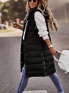 100% Polyester Casual Long Length Versatile Winter Warm Outerwear Cheap Hooded Vest For Fall, Winter Hooded Vest, Long Hooded Puffer Vest, Black Long Puffer Vest, Hooded Gilet, Estilo Hipster, Vest Outfit, Sleeveless Outfit, Long Vest