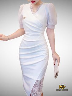 Fabric: Mango Care: Machine washable SIZE: Small: Bust< 33" // Waist< 26.5" // Length 43.5" Ngực < 84 cm // Eo < 68 cm // Dài 111 cm Medium: Bust Puff Sleeve, Party Dress, Short Sleeve Dresses, Bodycon Dress, White, Fabric, How To Wear, Color