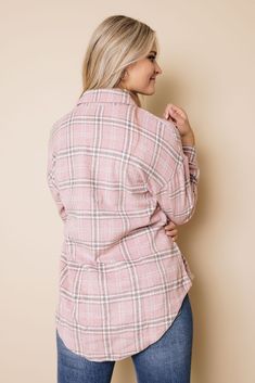 Loose Fit. Sizing: Small 0-4 Medium 6-8 Large 10-12 XL 14-16 Comes in: Pink , Black & Khaki Model is wearing a size small. 100%Cotton Buttoned Shirt, Black Khakis, Grab Bags, Button Shirt, Stay Warm, Pink Black, Women's Plaid Shirt, Cotton Material, Loose Fitting