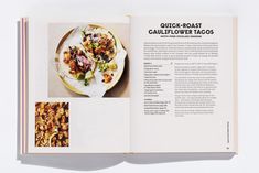 an open book with pictures of tacos and other food items on the page,