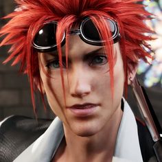 a person with red hair and sunglasses on