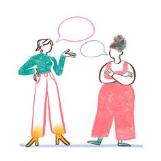 two people are talking to each other with speech bubbles above them