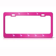 a pink license plate frame with flamingos on the front and bottom, in white background