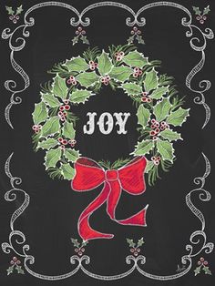 a christmas card with a red bow and holly wreath on it's front, featuring the word joy