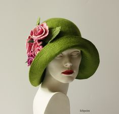 Mrs Fisher style hat hand made, entirely from the highest quality merino wool. Beautiful green color of the hat. Pink roses and leaves in shades of green. The hat is soft, very pleasant to the touch, nicely placed on the head.  Special and unique ! Sophisticated and elegant ! I can make this hat in other colors and sizes. Made just for you  All my works are made by hand  in the process of long-term, hand felting My products are unique, designed by me, always made from the finest materials. I hop Green Short Brim Hat For Winter, Green Winter Hat With Short Brim, Green Short Brim Winter Hat, Green Winter Cloche Hat With Curved Brim, Green Wide Brim Cloche Hat For Winter, Green Short Brim Hat For Garden Party, Green Wide Brim Winter Hat, Green Brimmed Felt Hat For Winter, Green Cloche Hat For Winter