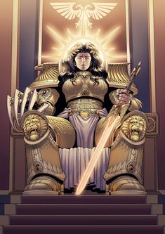 a woman sitting on top of a chair with two swords in her hand and an eagle above her head