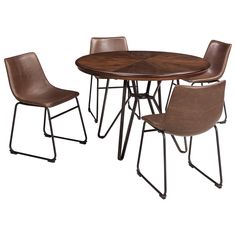 the table and chairs are brown with metal legs