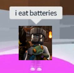 an image of a cartoon character holding a baby in front of a sign that says i eat batteries