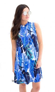 Aurora Ladies Sleeveless Venezia Print Dress In Blues Plus Size Shirt Dress, Tropical Sun, Mid Length Dress, Professional Outfits Women, Usa Outfit, Vintage Inspired Outfits, Spring Skirts, Dress Gift, Mid Length Dresses