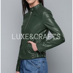 Women Green  Solid Casual Motorcycle Biker Leather Jacket  , Women Green Leather Jacket , Women  Green Biker Leather  Jacket. - from Luxe & Crafts. Material Type : 100% Genuine Lambskin Leather. Collar : Mandarin Style Collar. Closure Type : Front Zipper Closure. Sleeve Style : Long Sleeves. Number of Pockets : 2 Side Pockets. Color : Green Lining Material : 100% Premium Lining / Viscose Lining. Care Instructions : Professional Leather Clean Only. Package Contains : 1 Leather Jacket Only. Note: Green Biker Jacket For Fall, Green Biker Leather Jacket For Winter, Green Long Sleeve Biker Jacket, Green Biker Leather Jacket With Zipper, Green Moto Leather Jacket With Long Sleeves, Green Biker Leather Jacket With Zipper Closure, Fitted Moto Biker Jacket In Green, Fitted Green Moto Biker Jacket, Green Fitted Biker Jacket