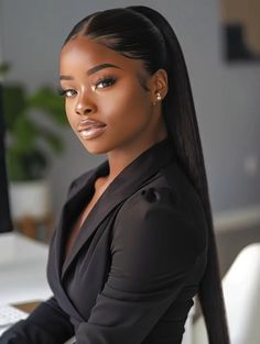 Sleek Ponytail Weave, Straight Ponytail Hairstyles, Ponytail Weave, Puff Ponytail, Slick Ponytail, Black Ponytail, Stylish Ponytail, Slicked Back Ponytail, High Ponytail Hairstyles