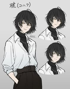 an anime character with long black hair and wearing a white shirt, black tie and pants