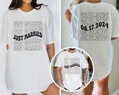 a woman wearing a white t - shirt with just married printed on the front and back