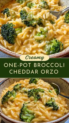 broccoli and cheese pasta in a bowl with the title creamy one pot broccoli cheddar