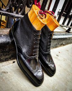 Men Black Calf Leather Ankle High Wingtip Dress Boot on Storenvy Stylish Mens Suits, Quality Leather Boots, Dress Boot, Mens Fashion Illustration, Custom Design Shoes, Mens Ankle Boots, High Ankle Boots, Lace Up Dress, Handmade Leather Shoes