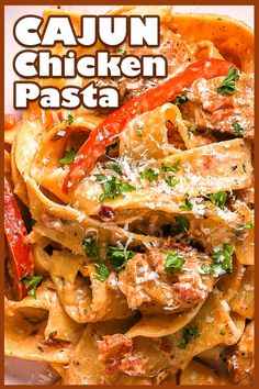 the cover of cajun chicken pasta with peppers and parmesan cheese on top