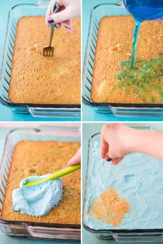 process shots showing how to make cake batter in a glass baking dish with a spatula