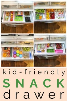 the kids's snack drawer is organized with plastic containers and trays for food