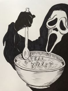 a black and white drawing of a skeleton stirring a bowl