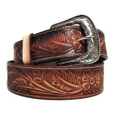 EMBOSSED LEATHER BELT FOR WOMEN This leather belt for women is a dream accessory; a versatile piece you'll love and wear forever. Sumptuous LEATHER in a duo of rich brown tones is embossed with scrolls and finished with a classic engraved buckle. The vintage vibe and Western-inspired design make it the perfect partner to your trusty blue jeans and boho dresses. •Made of GENUINE LEATHER and has a metal buckle•HANDMADE for an authentic look•EMBOSSED LEATHER , engraved buckle, and contrast stitchin Cowgirl Belt, Leather Engraved, Cowgirl Belts, Tooled Leather Purse, Handmade Belts, Belt Brown, Beautiful Belts, Belt For Women, Boho Dresses