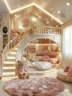 a room with stairs and a teddy bear in the corner, next to a bed