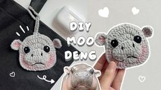 two small crocheted animals hanging from a bag with the words diy moo demg on it