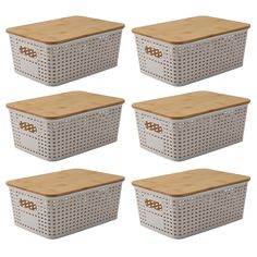 six plastic storage baskets with wooden lids and handles, set of four in various sizes