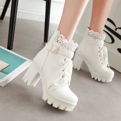 Lace High Heels, Lace Ankle Boots, Gothic Shoes, High Heel Ankle Boots, Kawaii Shoes, Girly Shoes, Pu Heels, Heel Ankle Boots, High Heel Boots Ankle