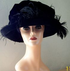 English tea hat Made to order Must supply the size of head when purchasing. 100% Handmade. Black silk polyester velvet. One of a kind. Black Hat Women, Tea Hat, England Women, Lady Hat, Edwardian Hat, Historical Hats, Women Sewing, Tea Hats, Downton Abbey Fashion