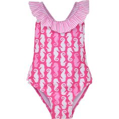 UPF 50+ Mindy Crossback Swimsuit: Your little one will look cute as a button in this Flap Happy swimsuit made from recycled plastic bottles! It features vibrant, fade-resistant quick-dry prints. Adorable ruffles around the neck, straps, and waist area. This Swimsuit also offers chemical-free UPF 50+ protection which coordinates with Flap Happy UPF 50+ hats for maximum sun protection and cuteness! With three decades of experience protecting kids from the sun, you can have the utmost confidence in Casual Pink Swimwear For Playtime, Playful Pink Bodysuit For Pool, Kids Swimming Suits, Cute Pink Bodysuit For Swimming, Playful Pink Bodysuit For Swimming, Pink Upf 50+ Sports Swimwear, Playful Pink Swimming Bodysuit, Toddler Swimsuit, Playful Pink Printed Swimwear