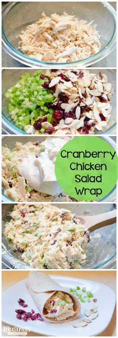 cranberry chicken salad wrap is shown in four different stages, including the filling and toppings