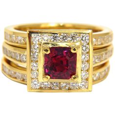 GIA Certified 1.51Ct Natural Ruby Ring Report: 5171034909 Octagonal cut (asscher cut) Excellent color stability Pigeon Blood Red. Excellent cut Clean Clarity Thailand Origin Round Diamonds: 2.00ct. G-color Vs-2 clarity. 18kt. yellow gold (3) Rings Sizes: 6.75 & can be resized, please inquire first. Deck of center ring: .45 X .48 inch depth: .30 inch Each band: .11 inch wide Natural Ruby Ring, Diamonds Ring, Asscher Cut, Wide Rings, Blood Red, Color Rojo, Ruby Diamond, Shop Engagement Rings, Red Ruby