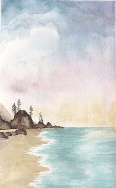 watercolor painting of an ocean scene with rocks and trees