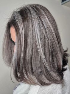 Dark Brown Hair With Grey Highlights, Salt And Pepper Bob, White Hair Highlights, Ashy Brown, Grey Brown Hair, Brunette Roots, Pepper Hair, Gray Hair Styles, Grey Hair Over 50