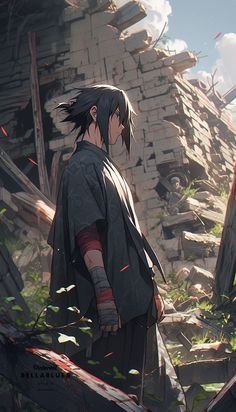 an anime character standing in front of a pile of rubble and trees with his hands on his hips