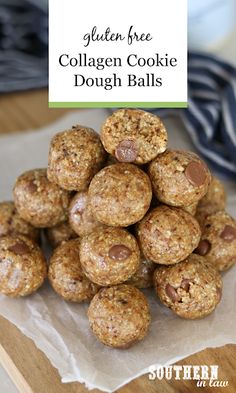 gluten free collagen cookie dough balls stacked on top of each other