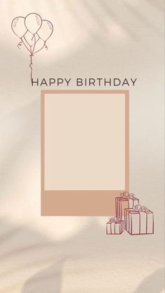 a birthday card with balloons and presents on it, in the shape of a rectangle