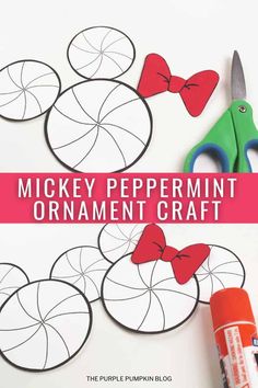 mickey mouse peppermint ornament craft is shown with scissors and glue on it