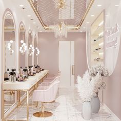 the interior of a beauty salon with pink walls and marble floors, chandeliers and mirrors