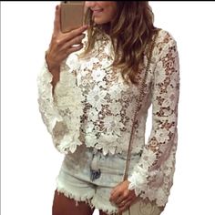 Boho Beach And Summertime Fun Top! Off White Runs Small Boho Lace Top, Wedding Dresses Hippie, Lace Blouse Long Sleeve, Boutique Style Outfits, Boho Lace, Lace Fashion, Fashion Wear, Lace Blouse, Lace Tops