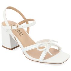 This vegan leather sandal with bows and buckles just might become your new fave.  • Open-Toe  • Sandals  • Buckle  • Padded Insole  • 2 1/2- in Block Heel  • Vegan Leather   
   All measurements are approximate and were taken using a size 6. Please note measurements may vary slightly by size. Square Toe Bow Sandals For Summer, Summer Bow Sandals With Square Toe, Synthetic Sandals With Bow, Ankle Strap Block Heel, Bow Sandals, Sandals White, Open Toed Heels, Famous Footwear, Buckle Shoes