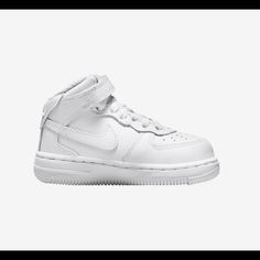 Classic White On White Toddler Fit Nib White High-top Sneakers For School, Nike High-top Scratch-resistant Sneakers, Casual White Scratch-resistant High-top Sneakers, White Non-slip High-top Sneakers, Non-slip White High-top Sneakers, White Scratch-resistant Mid-top Sneakers, Nike Air Force Baby, Nike Air Force 1 Kids Size 2, White Mid-top Nike Air Force 1 For Streetwear