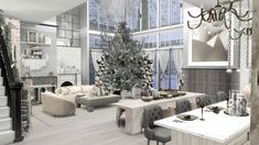 a living room filled with furniture and a christmas tree in the middle of the room