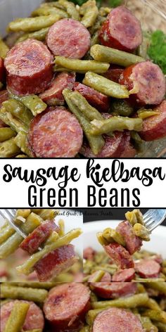 sausage and green beans in a white bowl