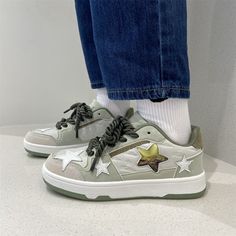 These cute grey sneakers have a vegan leather upper with an aesthetic clear star design, a low ankle rise and a lace up in front ✨ Material: Vegan Leather Run small, please review the sizing information Aesthetic Sneakers, Heels Platform, Soft Aesthetic, Kawaii Dress, Aesthetic Shoes, Grey Sneakers, Star Sneakers, Mary Jane Heels, Star Design