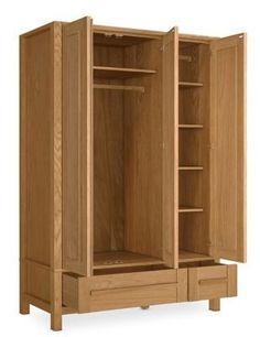 an open wooden cabinet with drawers and shelves