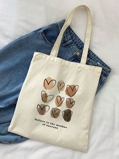 Beige  Collar  Polyester Letter Shoulder Tote Bag Embellished   Women Bags Ideas For Tote Bags Design, Canvas Tote Bag Painting Ideas Easy, Toat Bag Painting, Painting Tote Bags Ideas, Cute Tote Bag Ideas, Cute Tote Bags For School, Christian Tote Bag Design, Canvas Bag Ideas, Best Bags For College