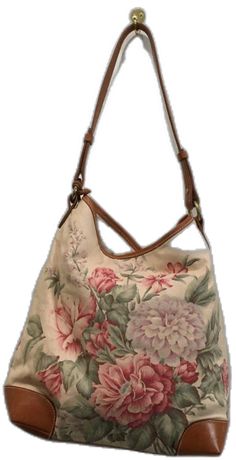 Pink Floral Print Leather Bag, Tan Leather Bag, Pale Lavender, Ralph Lauren Bags, Vintage Ralph Lauren, Pastel Flowers, Tan Leather, Flower Designs, Leather Trims