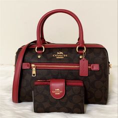 Nwt Coach Satchel And Wallet Set Luxury Coach Bag With Interior Card Slots, Burgundy Bags With Interior Card Slots, Couch Bag, Coach Rowan Satchel, Coach Satchel, Patent Leather Handbags, Woven Handbags, Brown Leather Bag, Craft Bags